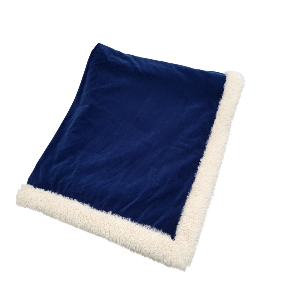 PBteen Pottery Barn Throw Blanket Navy Blue 60 x‎ 47 Cotton Sherpa Faux Fur Trim